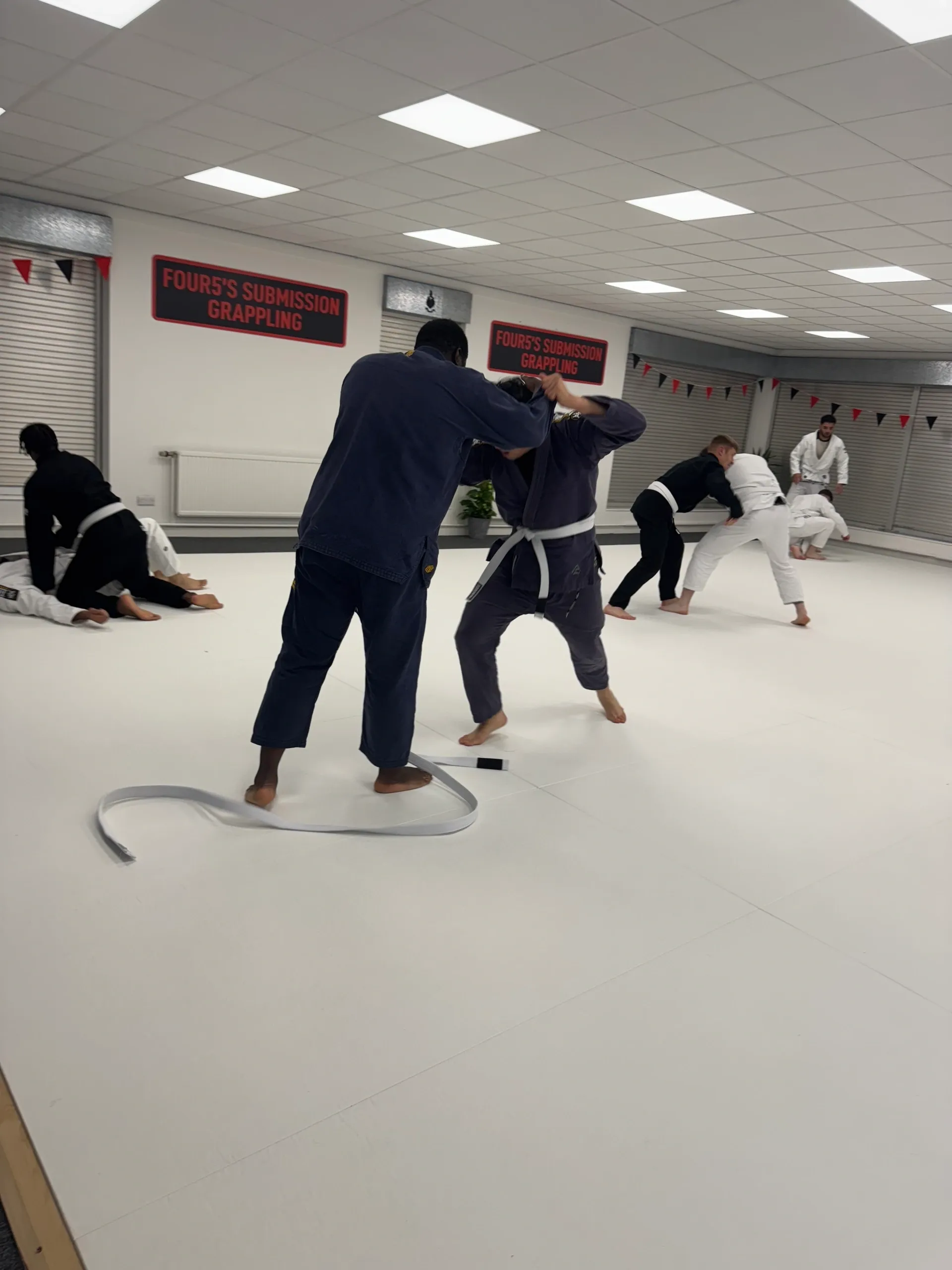 Martial arts class practicing grappling techniques.